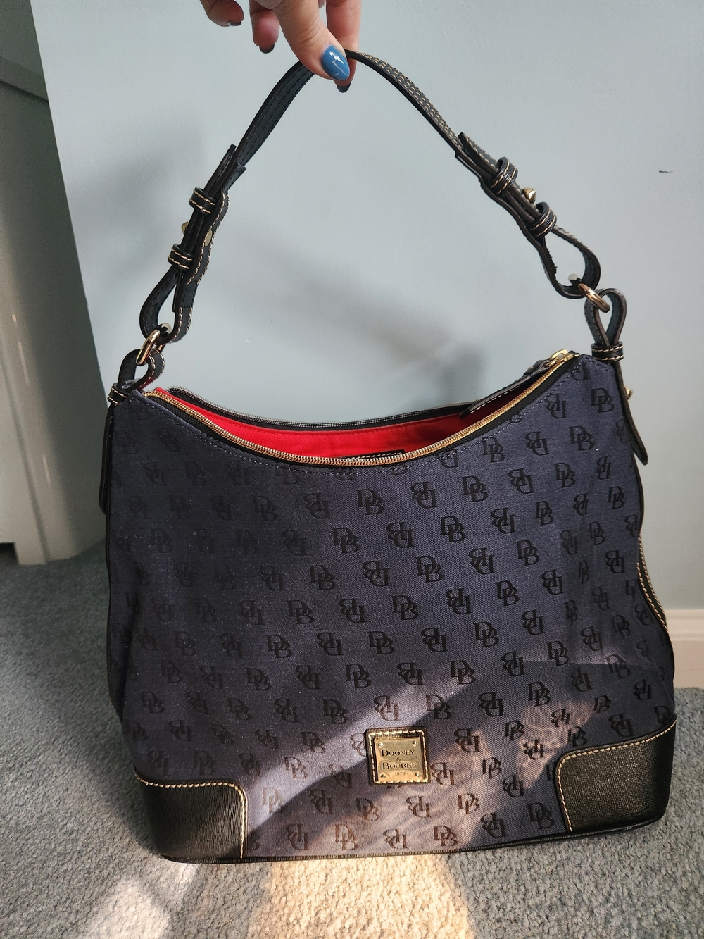 Dooney & Bourke Navy Logo Hobo with Red Interior and Black Trim